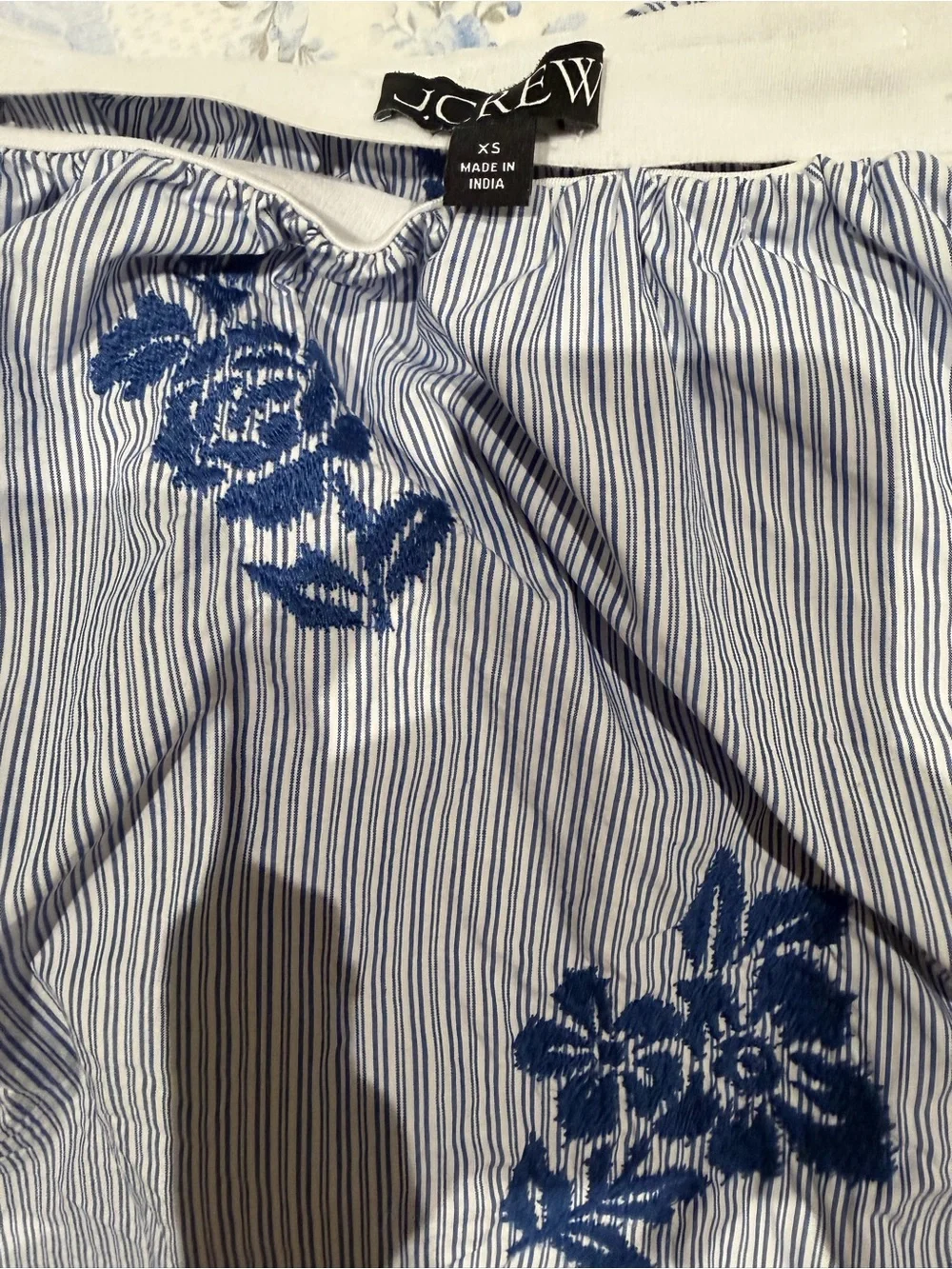 J. Crew Blue Striped Midi Skirt with Navy Floral Embroidery